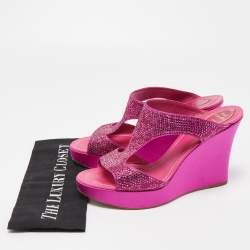 Pre Owned René Caovilla Pink Satin Crystal Embellished Wedge Slide Sandals Size 41