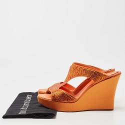 René Caovilla Orange Satin Crystal Embellished Wedge Slides Size 41