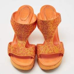 René Caovilla Orange Satin Crystal Embellished Wedge Slides Size 41