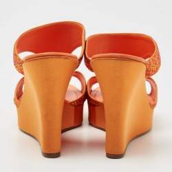 René Caovilla Orange Satin Crystal Embellished Wedge Slides Size 41