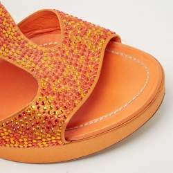 René Caovilla Orange Satin Crystal Embellished Wedge Slides Size 41