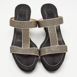 René Caovilla Gold/Black Crystal Embellished Satin Platform Wedge Slide Sandals Size 41