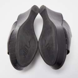 René Caovilla Black Croc Embossed Leather Crystal Embellished Platform Wedge Slide Sandals Size 40
