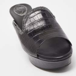 René Caovilla Black Croc Embossed Leather Crystal Embellished Platform Wedge Slide Sandals Size 40