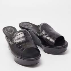 René Caovilla Black Croc Embossed Leather Crystal Embellished Platform Wedge Slide Sandals Size 40