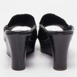 René Caovilla Black Croc Embossed Leather Crystal Embellished Platform Wedge Slide Sandals Size 40