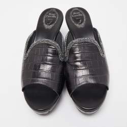 René Caovilla Black Croc Embossed Leather Crystal Embellished Platform Wedge Slide Sandals Size 40