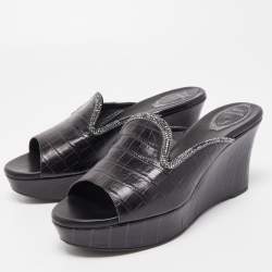 René Caovilla Black Croc Embossed Leather Crystal Embellished Platform Wedge Slide Sandals Size 40