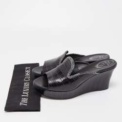 René Caovilla Black Croc Embossed Leather Crystal Embellished Platform Wedge Slide Sandals Size 40