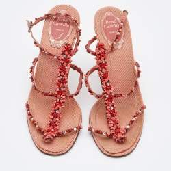 René Caovilla Peach Beaded Fabric Ankle-Strap Sandals Size 36.5