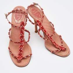 René Caovilla Peach Beaded Fabric Ankle-Strap Sandals Size 36.5