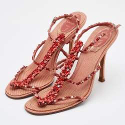 René Caovilla Peach Beaded Fabric Ankle-Strap Sandals Size 36.5