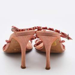 René Caovilla Peach Beaded Fabric Ankle-Strap Sandals Size 36.5
