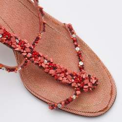 René Caovilla Peach Beaded Fabric Ankle-Strap Sandals Size 36.5
