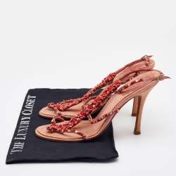 René Caovilla Peach Beaded Fabric Ankle-Strap Sandals Size 36.5