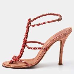 René Caovilla Peach Beaded Fabric Ankle-Strap Sandals Size 36.5