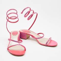 مملوكة مسبقًا René Caovilla Pink Crystal Embellished Satin Cleo Ankle Wrap Sandals Size 39