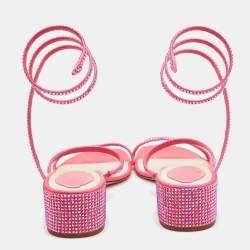 مملوكة مسبقًا René Caovilla Pink Crystal Embellished Satin Cleo Ankle Wrap Sandals Size 39