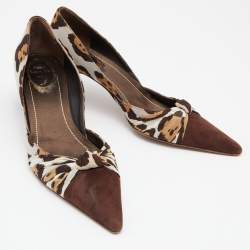 René Caovilla Brown Leopard Print Fabric and Suede Knotted Pointed Toe Pumps Size 38