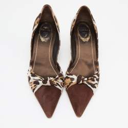 René Caovilla Brown Leopard Print Fabric and Suede Knotted Pointed Toe Pumps Size 38