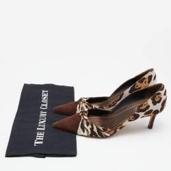 René Caovilla Brown Leopard Print Fabric and Suede Knotted Pointed Toe Pumps Size 38