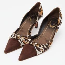 René Caovilla Brown Leopard Print Fabric and Suede Knotted Pointed Toe Pumps Size 38
