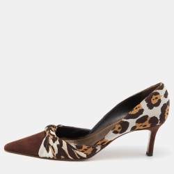 René Caovilla Brown Leopard Print Fabric and Suede Knotted Pointed Toe Pumps Size 38