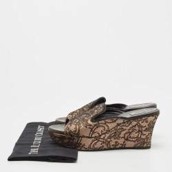 Pre Owned René Caovilla Black/Beige Mesh and Satin Wedge Sandals Size 39