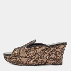 Pre Owned René Caovilla Black/Beige Mesh and Satin Wedge Sandals Size 39