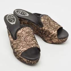 Pre Owned René Caovilla Black/Beige Mesh and Satin Wedge Sandals Size 39