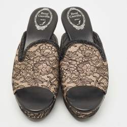Pre Owned René Caovilla Black/Beige Mesh and Satin Wedge Sandals Size 39