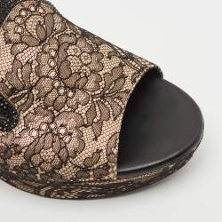 Pre Owned René Caovilla Black/Beige Mesh and Satin Wedge Sandals Size 39