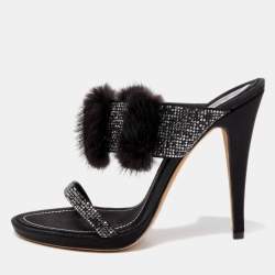 René Caovilla Black Crystal Embellished Satin and Fur Slide Sandals Size 41 