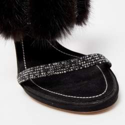 René Caovilla Black Crystal Embellished Satin and Fur Slide Sandals Size 41 