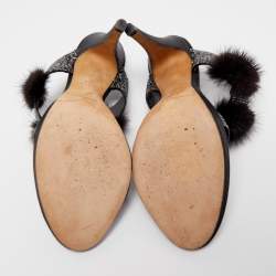 René Caovilla Black Crystal Embellished Satin and Fur Slide Sandals Size 41 