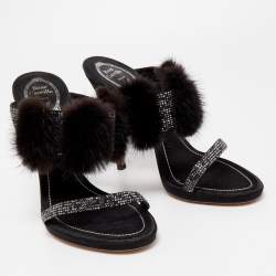 René Caovilla Black Crystal Embellished Satin and Fur Slide Sandals Size 41 