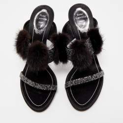 René Caovilla Black Crystal Embellished Satin and Fur Slide Sandals Size 41 
