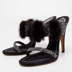 René Caovilla Black Crystal Embellished Satin and Fur Slide Sandals Size 41 