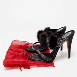 René Caovilla Black Crystal Embellished Satin and Fur Slide Sandals Size 41 