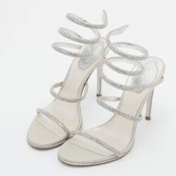 Pre Owned René Caovilla Silver Crystal Embellished Satin Cleo Ankle Wrap Sandals Size 37.5