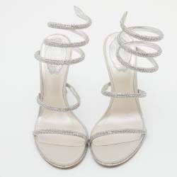 Pre Owned Ren é Caovilla Silver Crystal Embellished Satin Cleo Ankle Wrap Sandals Size 37.5