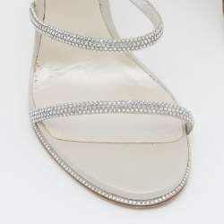 Pre Owned René Caovilla Silver Crystal Embellished Satin Cleo Ankle Wrap Sandals Size 37.5