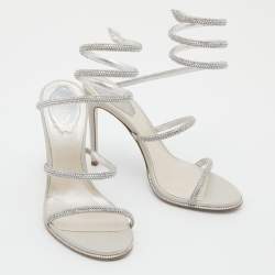 Pre Owned René Caovilla Silver Crystal Embellished Satin Cleo Ankle Wrap Sandals Size 37.5