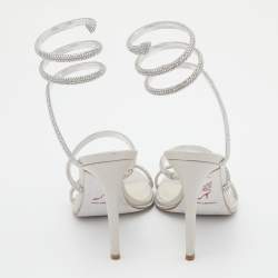 Pre Owned René Caovilla Silver Crystal Embellished Satin Cleo Ankle Wrap Sandals Size 37.5