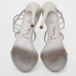 Pre Owned René Caovilla Silver Crystal Embellished Satin Cleo Ankle Wrap Sandals Size 37.5