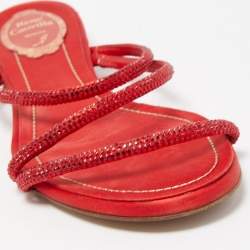 Pre Owned René Caovilla Red Crystal Embellished Satin Strappy Flats Size 39