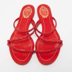 Pre Owned René Caovilla Red Crystal Embellished Satin Strappy Flats Size 39
