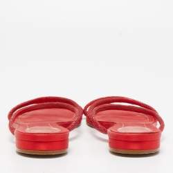 Pre Owned René Caovilla Red Crystal Embellished Satin Strappy Flats Size 39