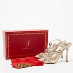 René Caovilla Beige Satin and Crystal Floral T-strap Ankle Cuff Sandals Size 38.5