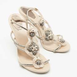 René Caovilla Beige Satin and Crystal Floral T-strap Ankle Cuff Sandals Size 38.5